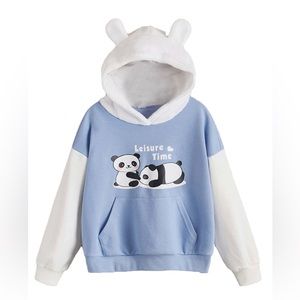 Girl's Panda Print Color Block 3D Ear Pullover Hoodie M